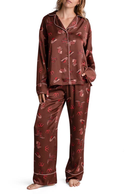 Howdy Print Satin Pajamas in Brown