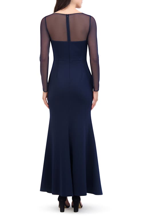 Shop Eliza J Rosette Mesh Trim Long Sleeve Gown In Navy