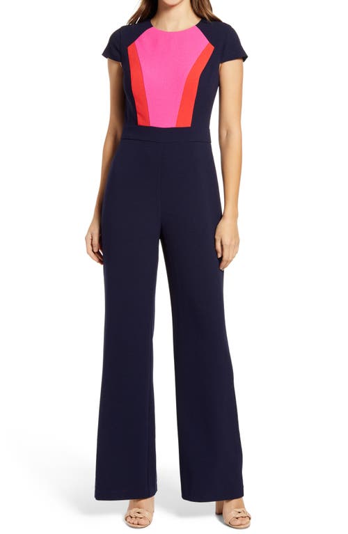 Vince Camuto Color Block Short Sleeve Stretch Crepe Jumpsuit in Navy Red