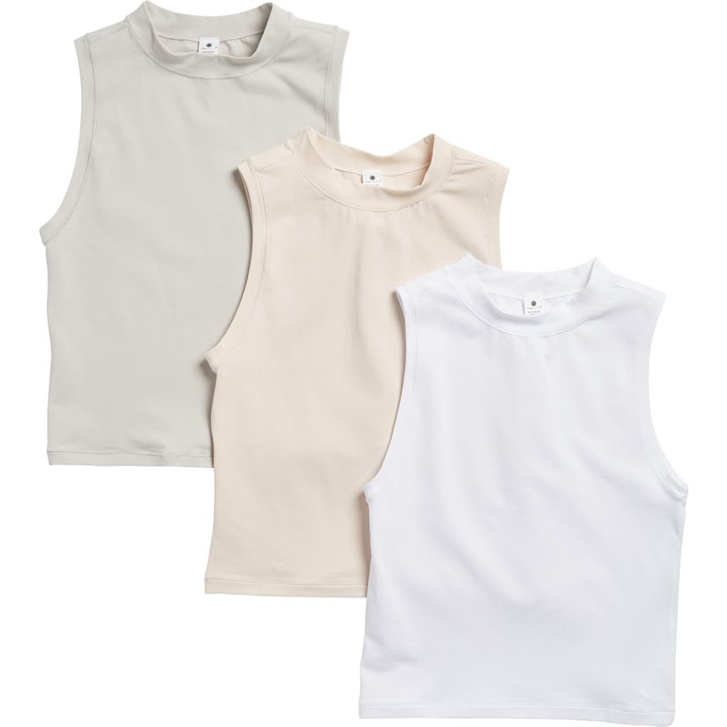 Shop Yogalicious Assorted 3-pack Melissa Airlite Mock Neck Crop Sleeveless Tops In Crystal Gray/white/beige