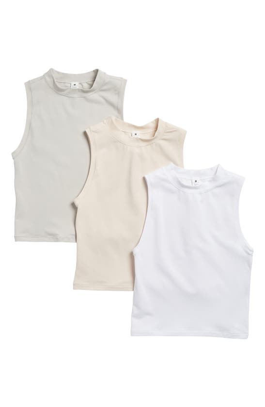 Yogalicious Assorted 3-pack Melissa Airlite Mock Neck Crop Sleeveless Tops In Crystal Gray/ White/ Beige