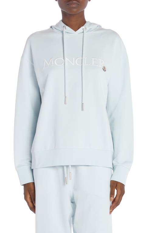 Moncler Embroidered Logo Cotton Fleece Hoodie Light Blue at Nordstrom,