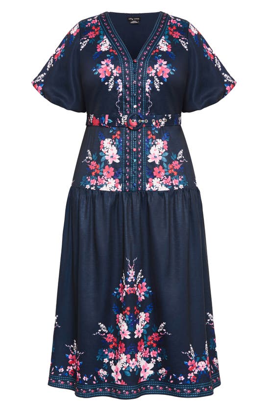Shop City Chic Zuri Floral Belted Midi Dress In Navy Lotte Border