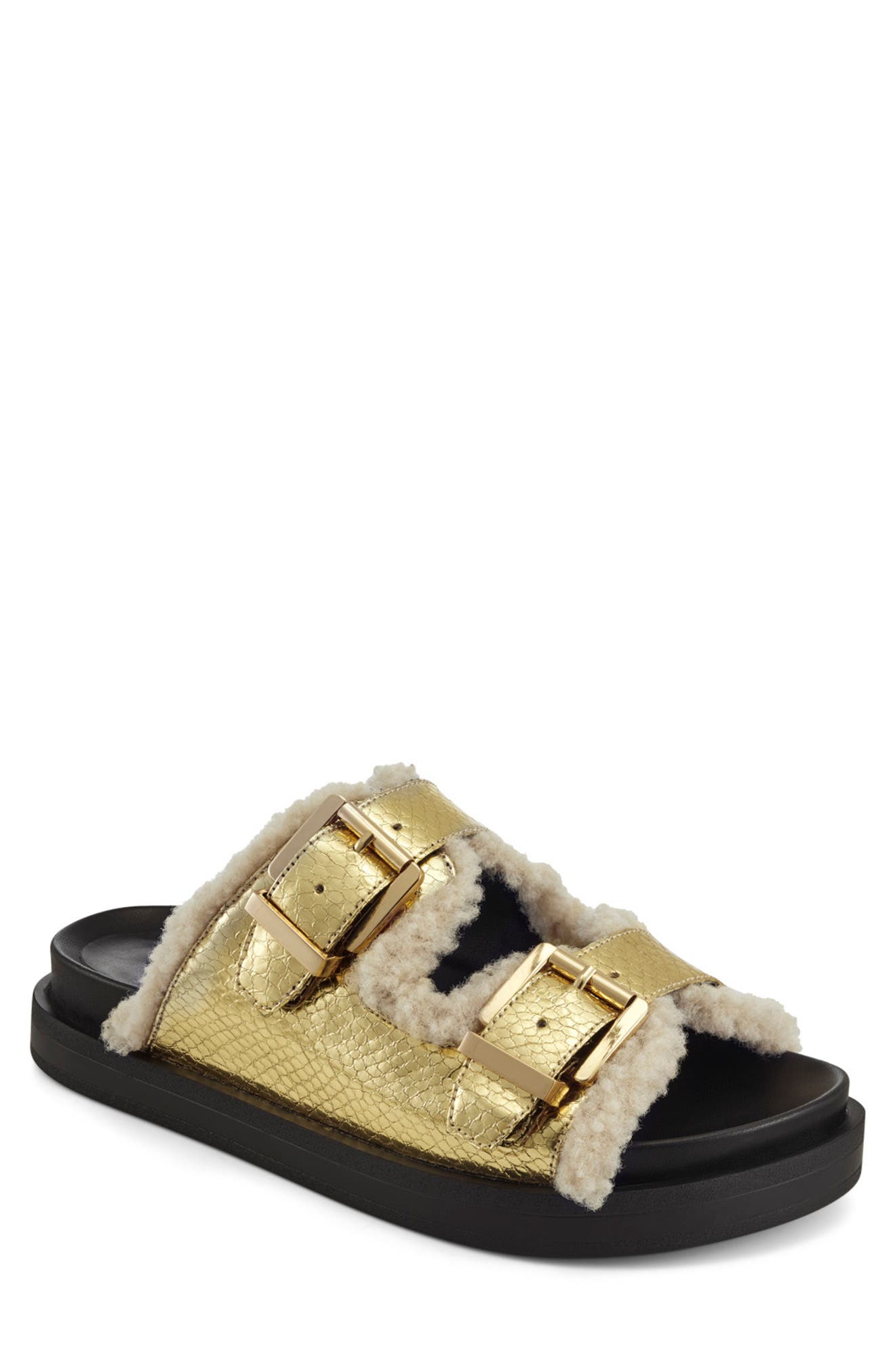 Aerosoles Olivia Faux Shearling Lined Sandal In Gold Fabrc