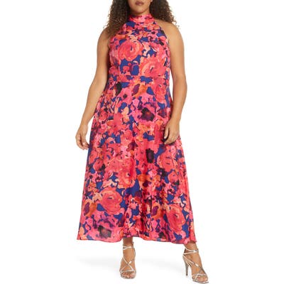 Plus Size Tahari Floral Halter Neck Maxi Dress, Coral