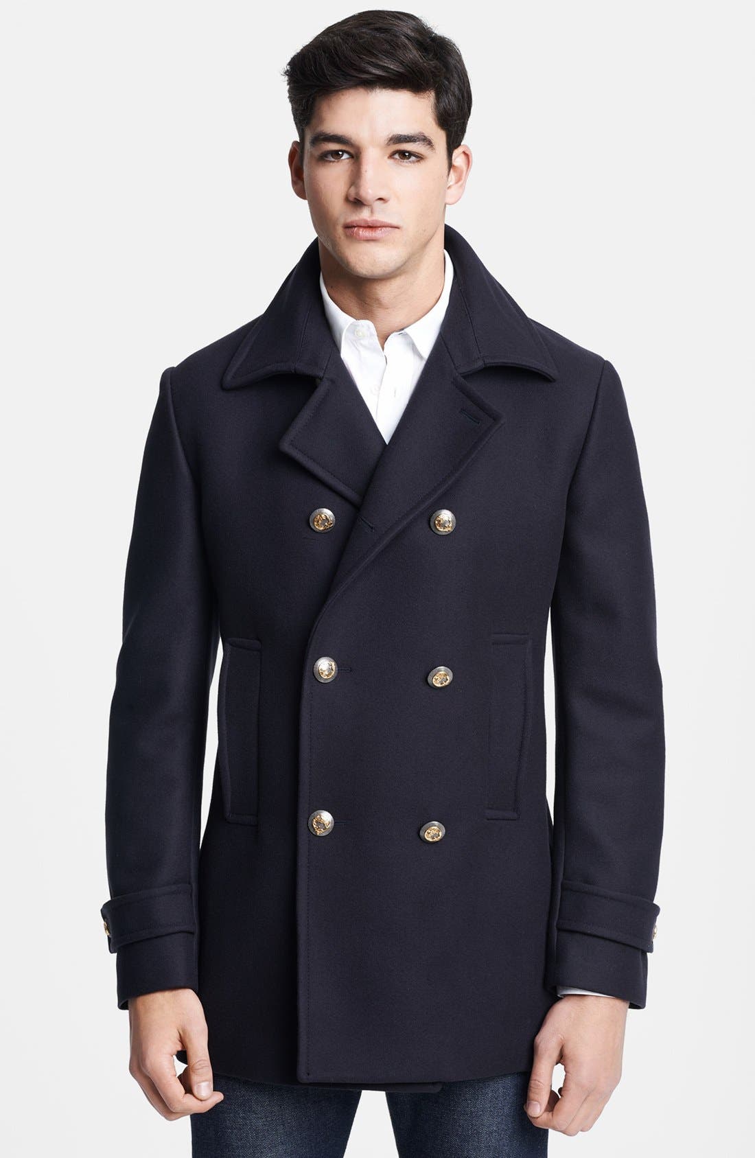 Versace Navy Wool Blend Double Breasted Peacoat Nordstrom