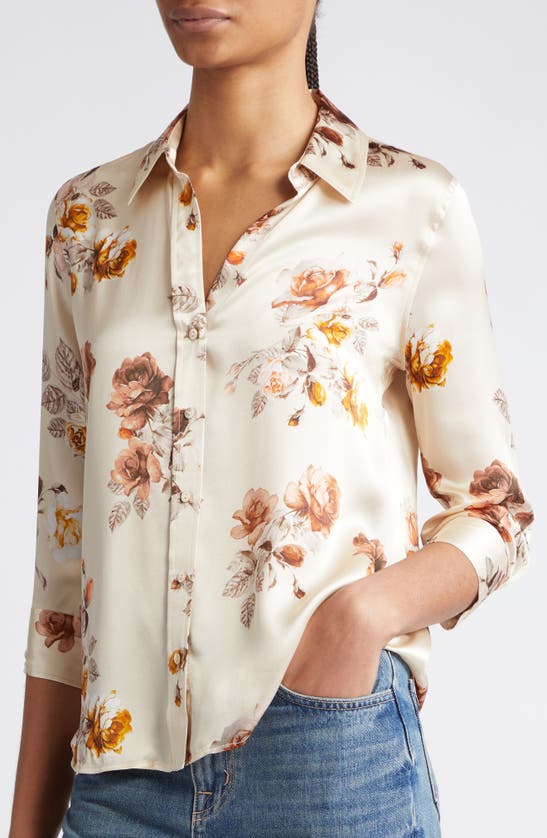 Shop L Agence Dani Floral Silk Satin Button-up Shirt In Buff Multi Tonal Rose Floral