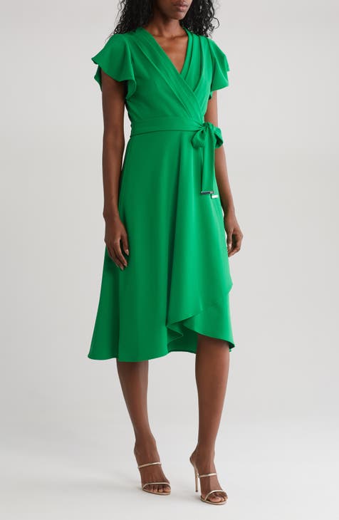Sequin Green Short Mini Dress Flare Sleeve Faux Wrap