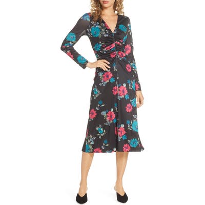 Charles Henry Long Sleeve Ruched Front Midi Dress, Black