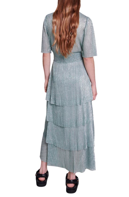 Shop Maje Metallic Tiered Ruffle High-low Dress In Silver Green