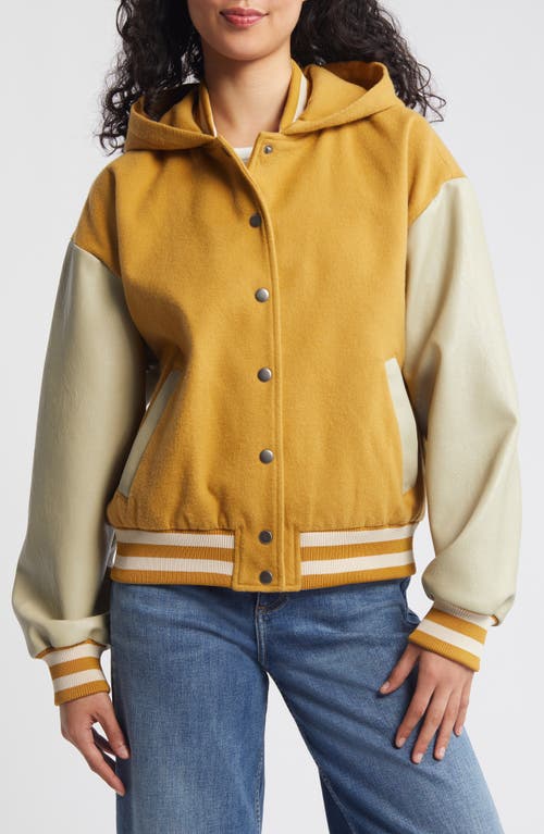 Shop Steve Madden Finn Hooded Faux Leather Sleeve Twill Bomber Jacket In Ginger Spice