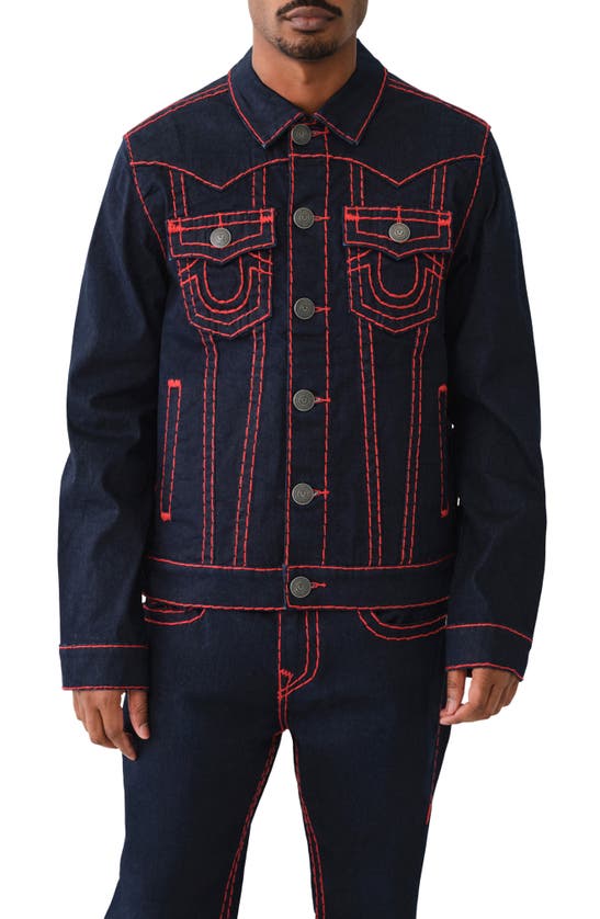 Shop True Religion Brand Jeans Jimmy Super T Denim Trucker Jacket In Rigel Dark Wash