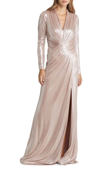 Draped Shimmer Long Sleeve Gown