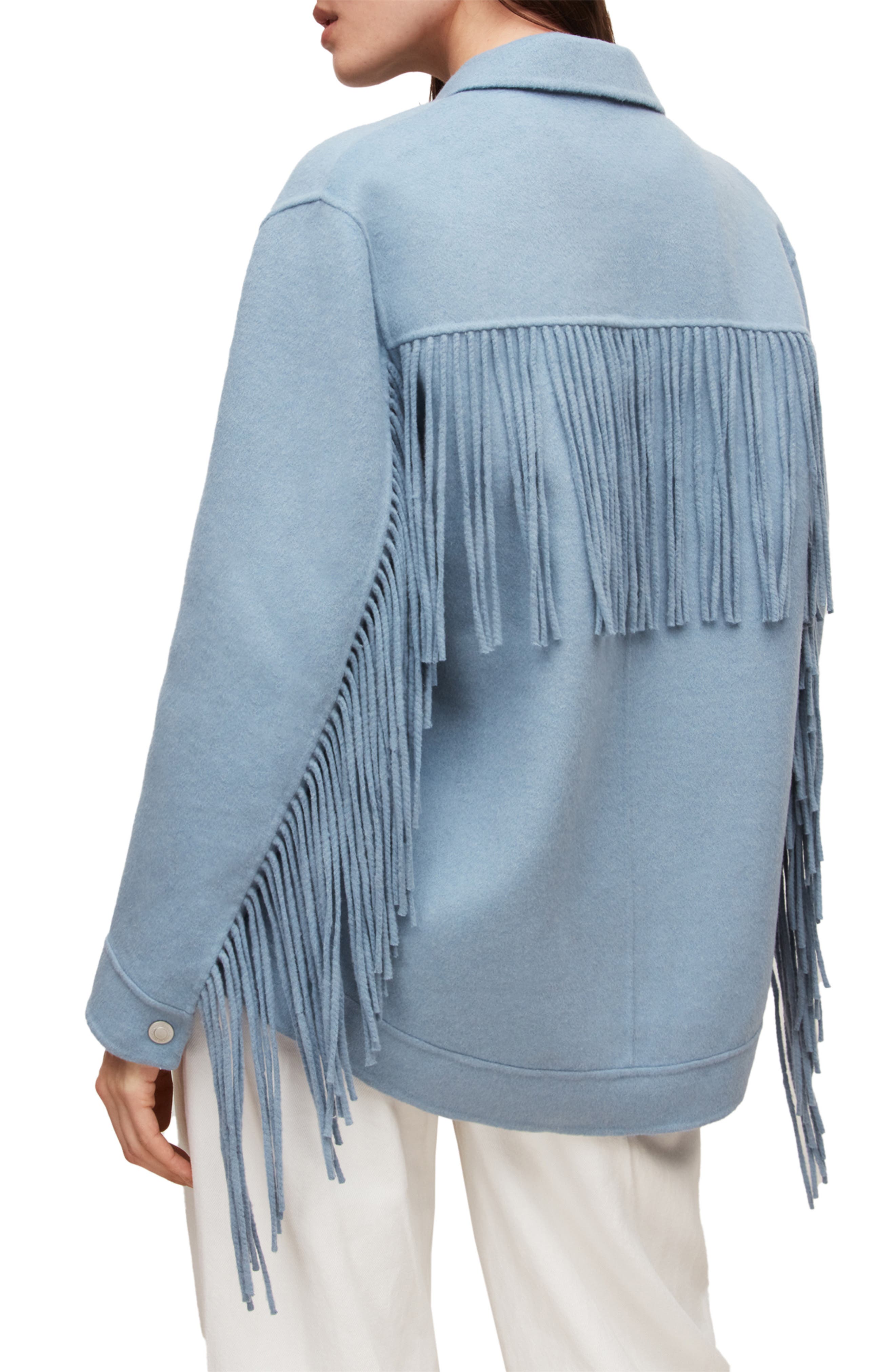AllSaints Franka Fringe Wool Blend Jacket in Fern Blue