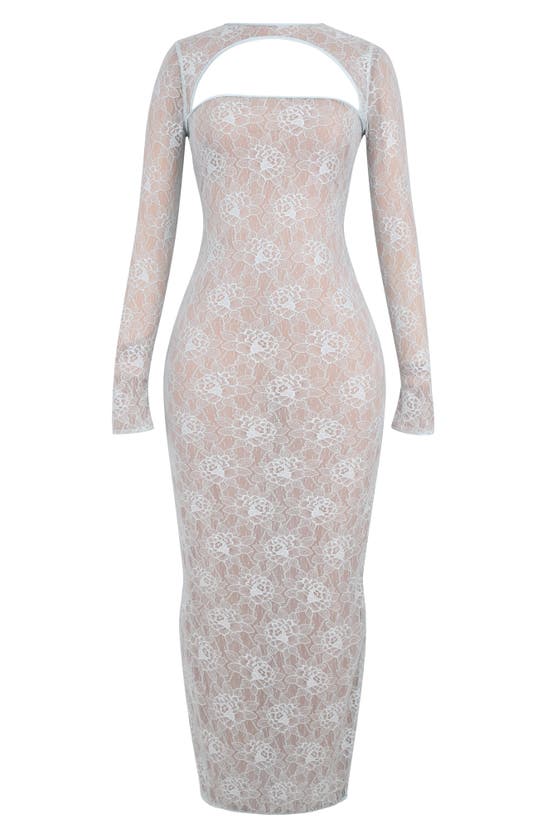 Shop Mistress Rocks Cutout Open Back Long Sleeve Floral Lace Maxi Dress In Baby Blue