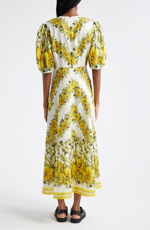 Shop Alemais Gisela Floral Puff Sleeve Midi Dress In Yellow