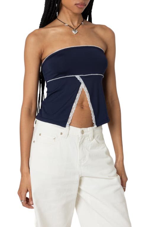 Shop Edikted Lace Trim Split Front Tube Top In Navy