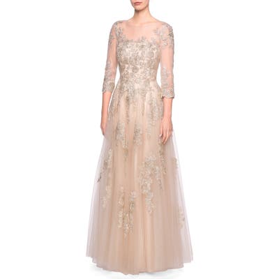 La Femme Lace & Tulle Illusion Bodice Gown, Beige