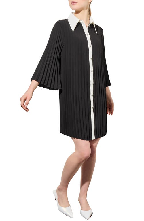 Ming Wang Pleated Mini Shirtdress In Black/white