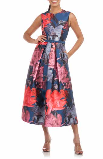 Kay Unger Elsa Metallic Floral A-line Midi Dress In Almond