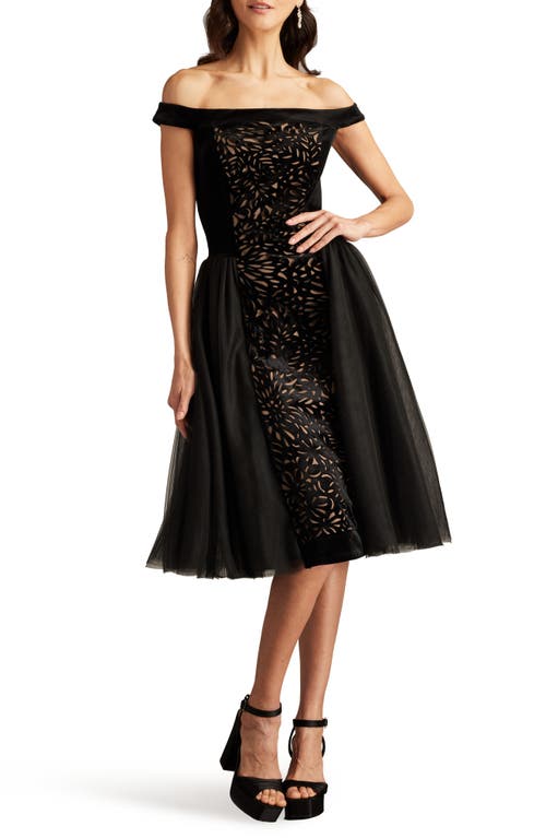 Shop Tadashi Shoji Laser Cut Velvet Off The Shoulder Cocktail Dress In Black/beige