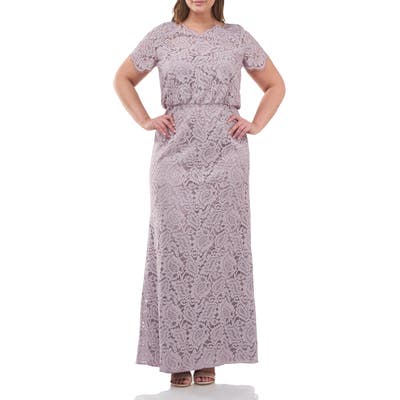 Plus Size Js Collections Blouson Waist Lace A-Line Gown, Beige