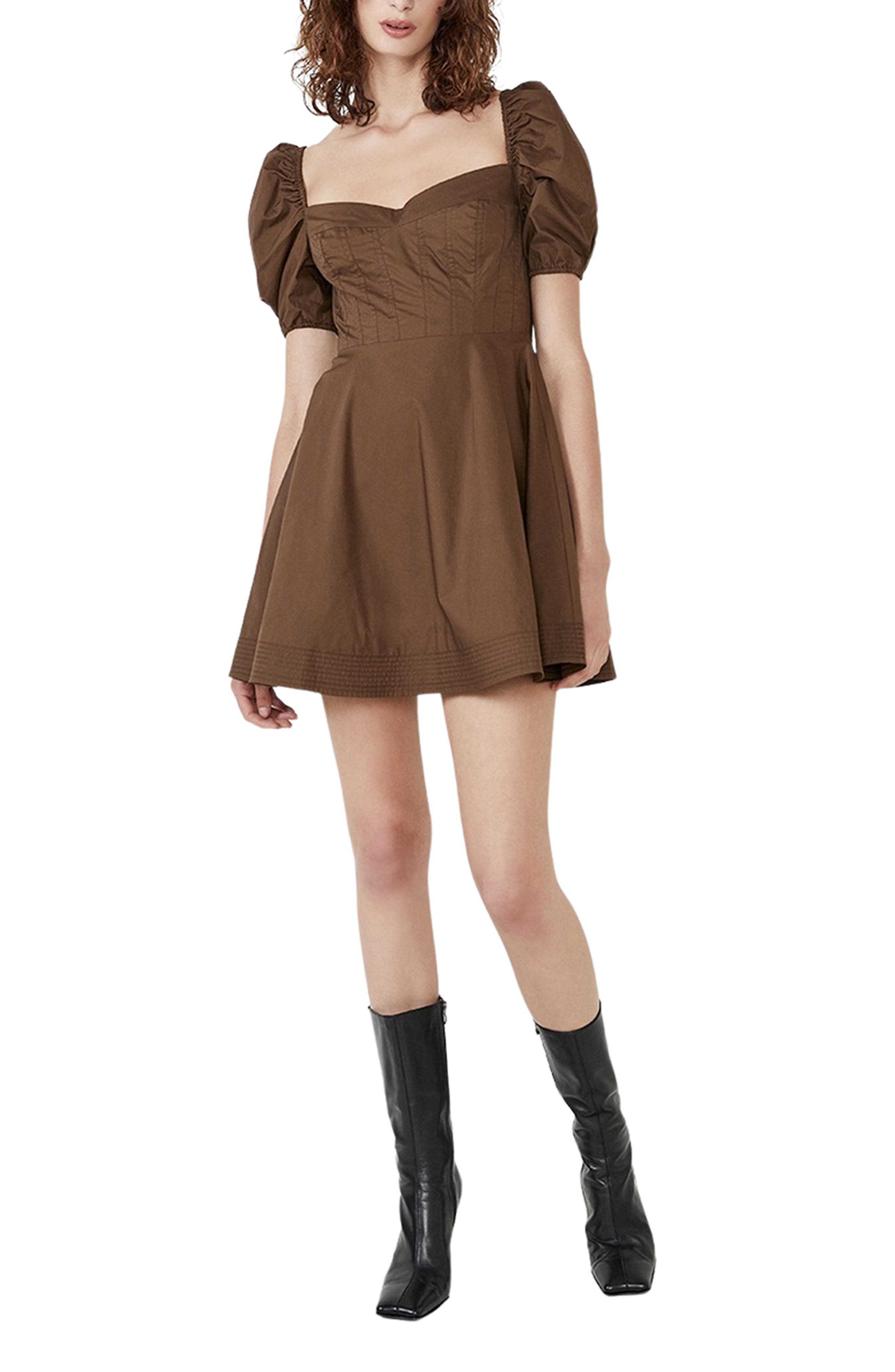 puff sleeve dress brown