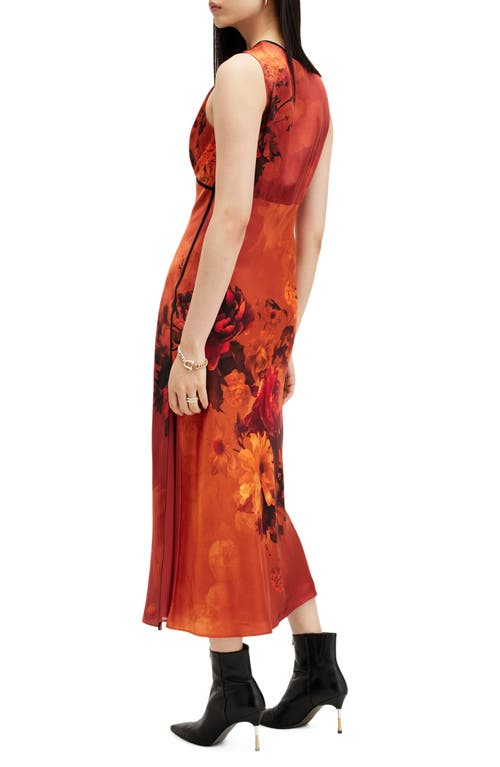 Shop Allsaints Karla Floral Print Satin Midi Dress In Adela Burnt Orange