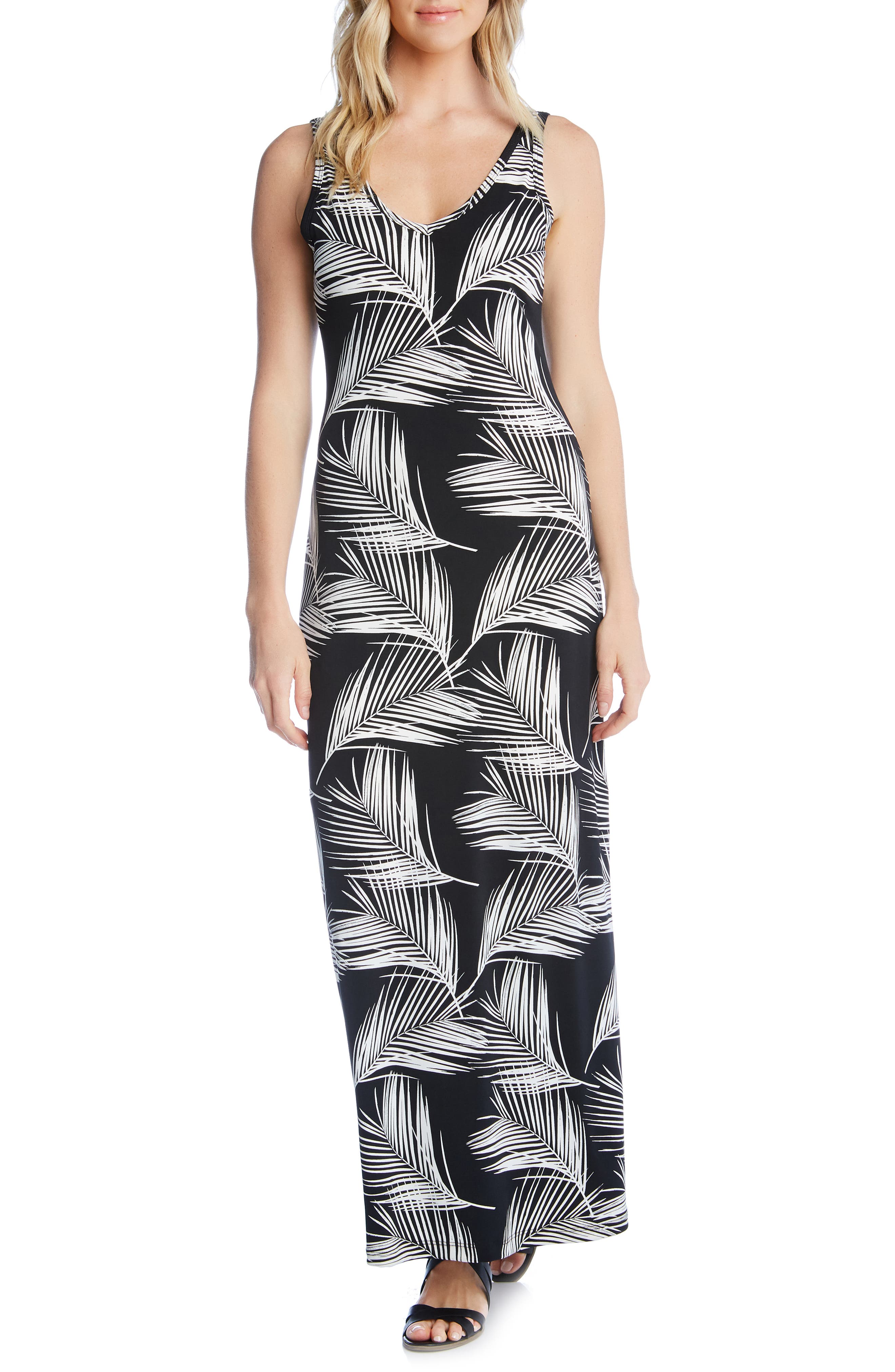 Karen Kane Palm Print Side Slit Maxi Dress, Black