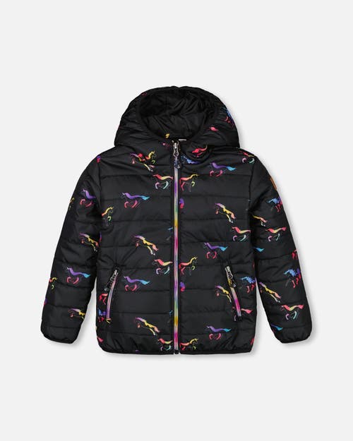 Deux Par Deux Girl's Quilted Mid-Season Jacket Black Printed Multicolor Unicorns in Black Printed Unicorns at Nordstrom, Size 12