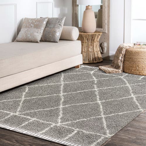 Jonathan Y Mercer Shag Plush Tassel Moroccan Geometric Area Rug In Gray/ivory