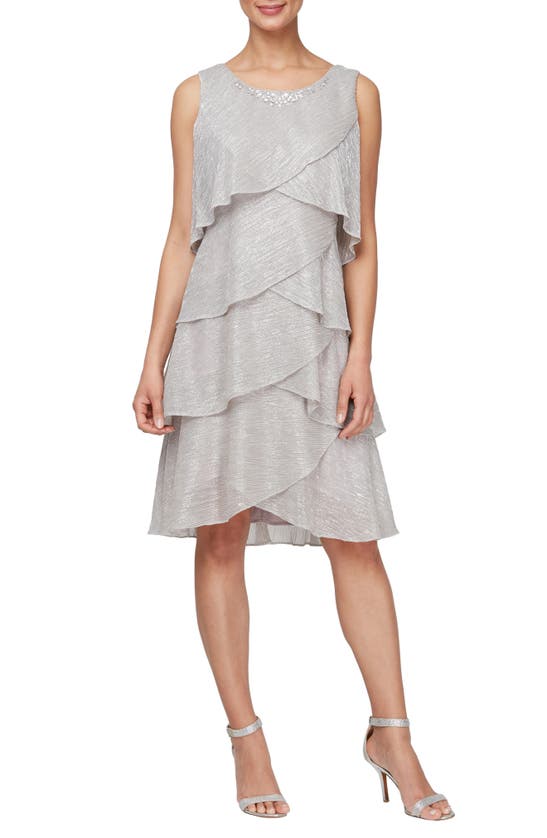 Sl Fashions Metallic Tiered Sleeveless Dress With Jacket In Pearl