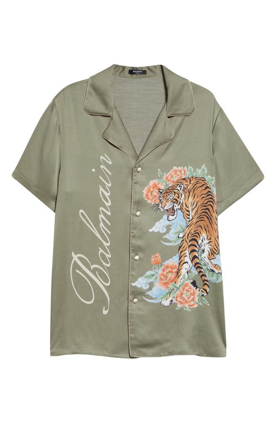 Shop Balmain Tiger Print Satin Pajama Shirt In Khaki/ Multico