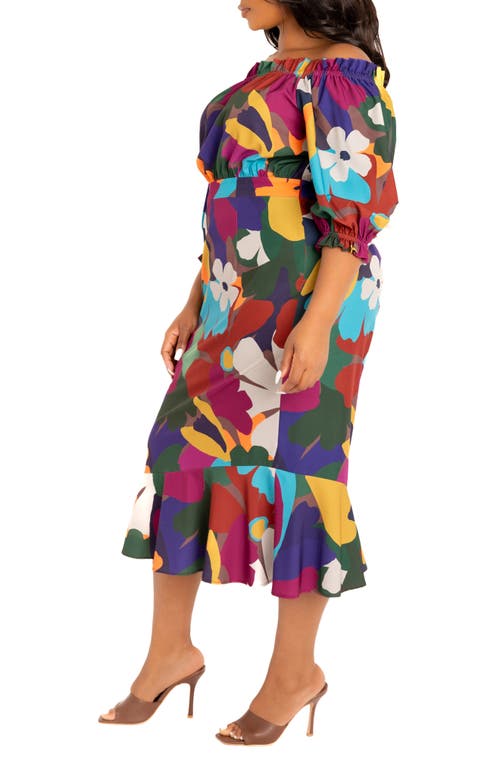 Buxom Couture Floral Off-the-shoulder Fit & Flare Dress In Brown Multi