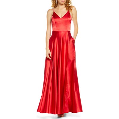 Sequin Hearts Dual Strap Satin Ballgown, Red