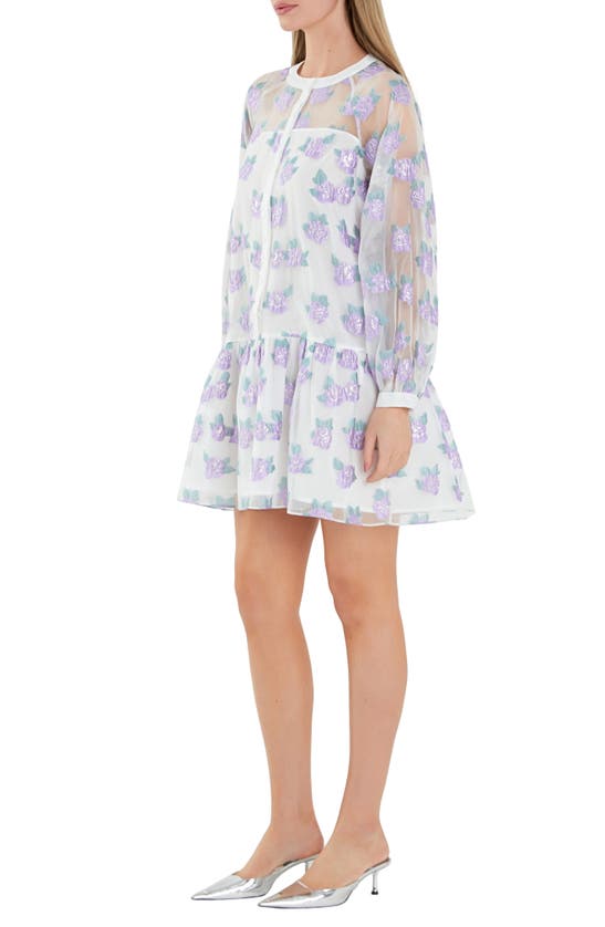 Shop English Factory Floral Button Front Long Sleeve Organza Minidress In Lilac