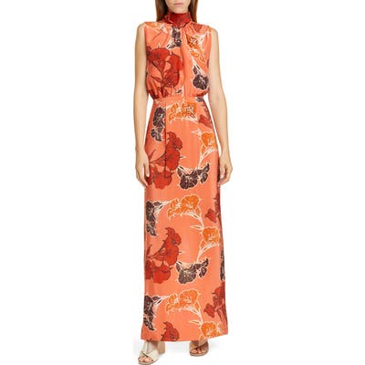Johanna Ortiz Beaded Floral Print Silk Crepe De Chine Maxi Dress, Coral