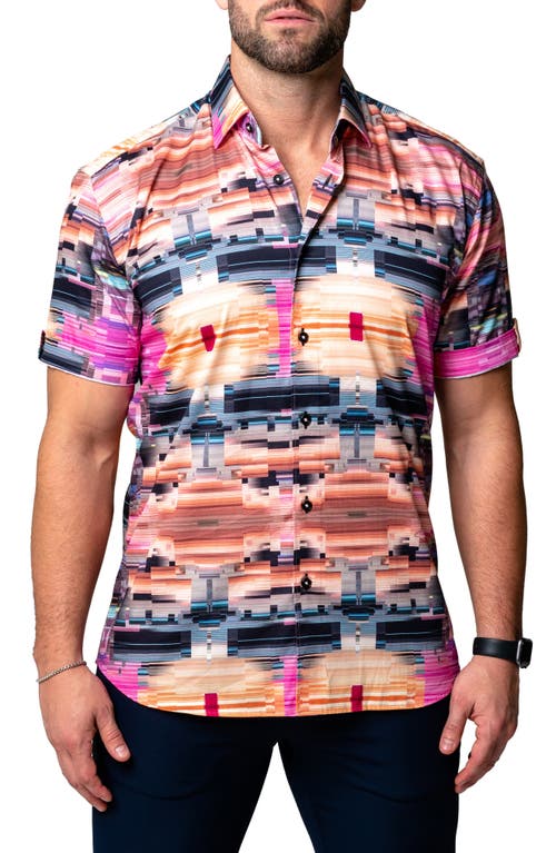 Maceoo Galileo Glitch Multi Short Sleeve Contemporary Fit Button-Up Shirt in Pink Multi