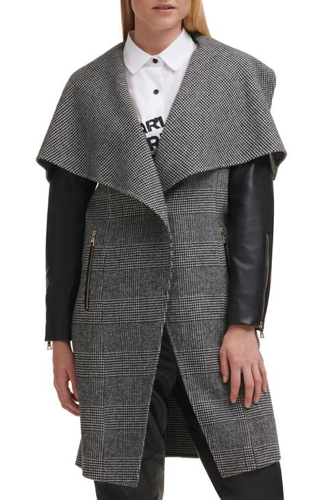 Mix Plaid Drape Collar Wool Blend Coat