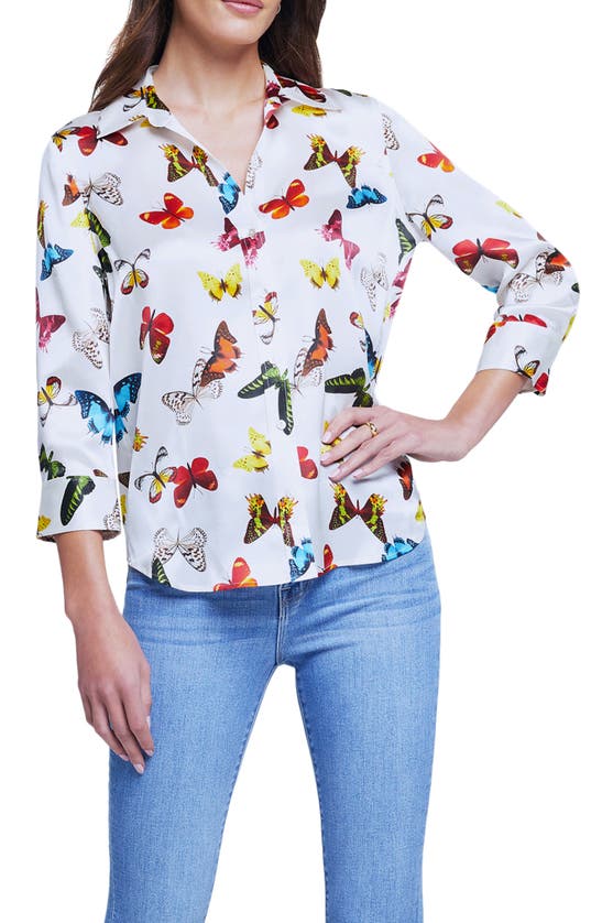 L Agence Dani Butterfly Print Silk Blouse In White Multi Butterflies