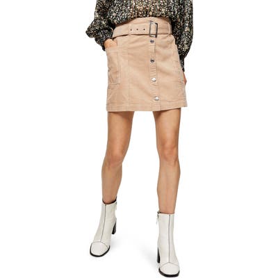 Topshop Corduroy Button Belted Miniskirt, US (fits like 0) - Beige