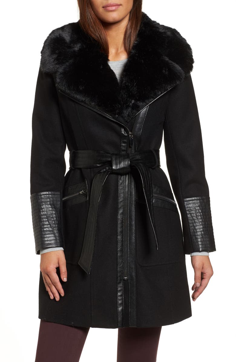 Via Spiga Faux Leather & Faux Fur Trim Belted Wool Blend Coat | Nordstrom
