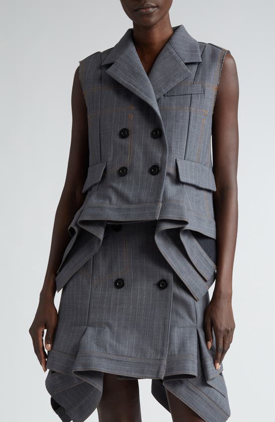 Shop Sacai Pinstripe Double Breasted Vest In Gray