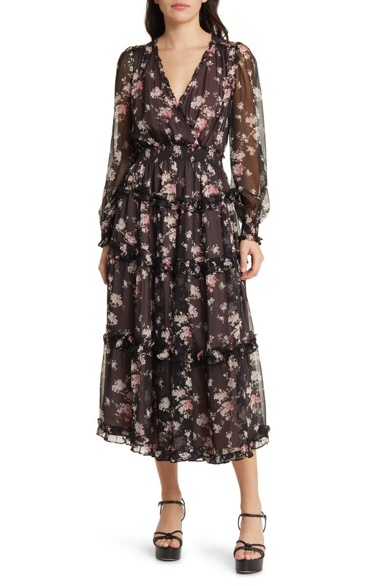 LoveShackFancy Kailo Floral Ruffle Long Sleeve Tiered Silk Midi Dress ...