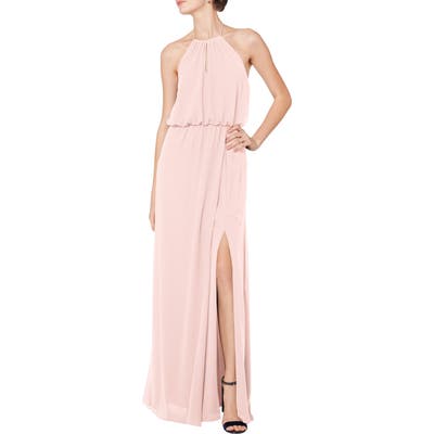 #levkoff Halter Keyhole Blouson Chiffon Evening Dress, Pink