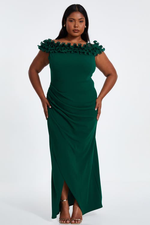 Quiz Plus Size Scuba Crepe Ruffle Bardot Maxi Dress In Bottle Green