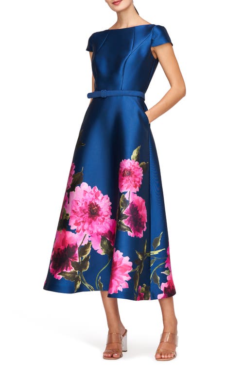 Kay Unger Ina Belted Cocktail Dress in Dark Ink/French Rose 