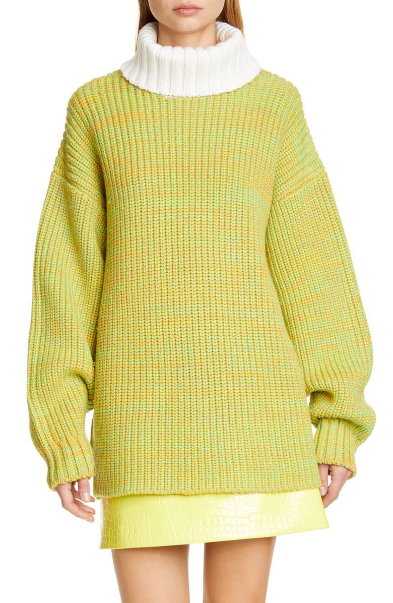 TIBI Oversize Tweedy Wool Sweater, Main, color, GREEN/ IVORY MULTI