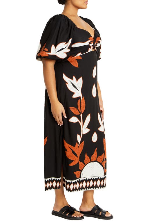 Shop City Chic Botantical Print Twist Cutout Puff Sleeve Dress In Nala Placement