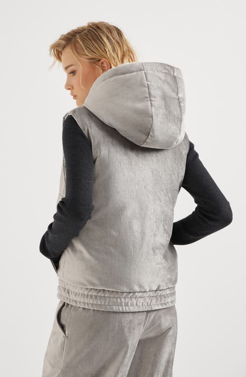 Shop Brunello Cucinelli Cotton And Viscose Sleek Velvet Down Vest With Shiny Trims In Silver